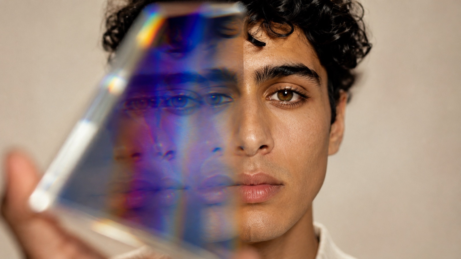 A young person's face refracted through a glass prism into an indigo spectrum
